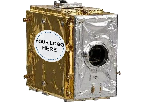 Mission module wrapped in gold and silver thermal blanket, with a placeholder for the customer's logo